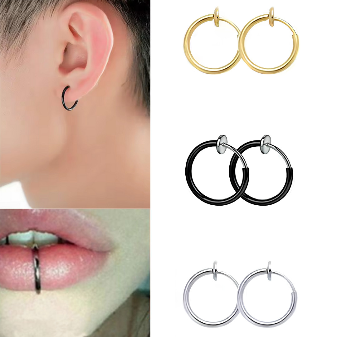 2× Clip-On Spring Action Non-Piercing Fake Septum Lip Cartilage Nose Tragus Ring