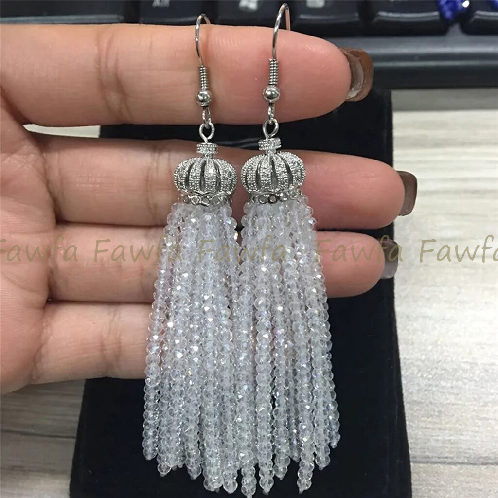 Faceted 3x4mm Multicolor Crystal Beaded Tassel Crown Dangle Silver Hook Earrings