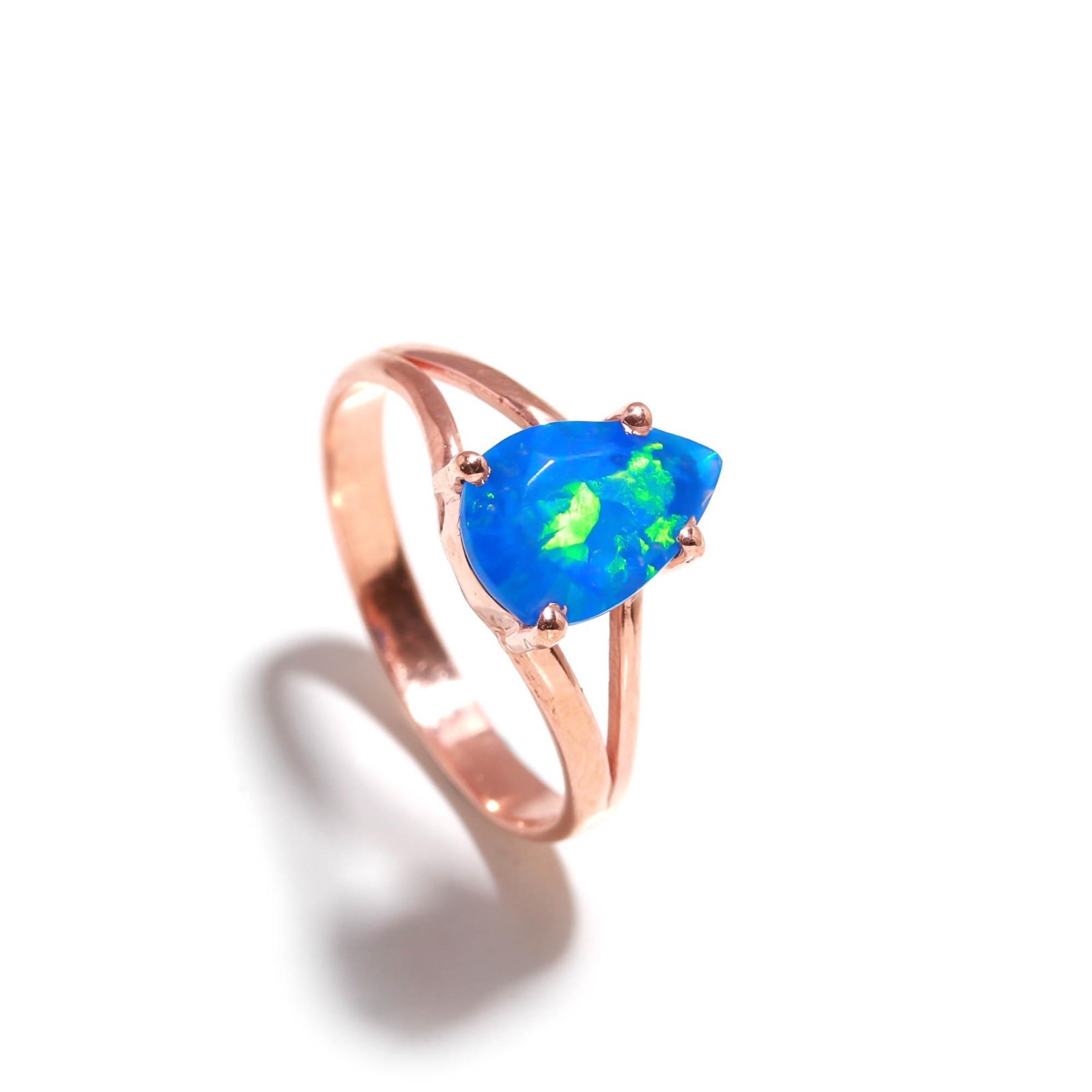 Natural Blue Opal Pear Shape Ring Rose Gold Fill Solid Silver Minimalist Jewelry