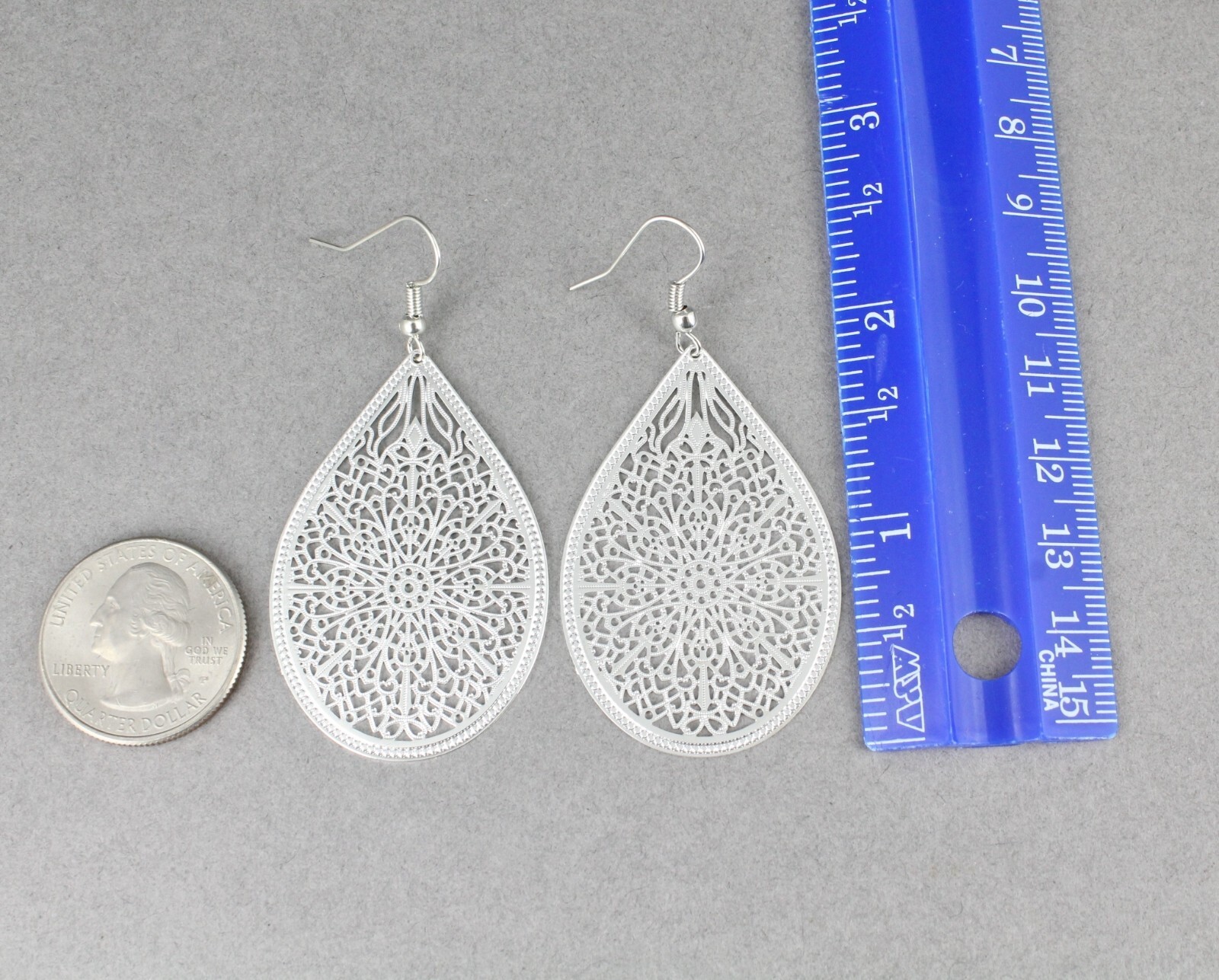 Silver earrings teardrop dangle shiny VERY lightweight filigree 2.5″ long