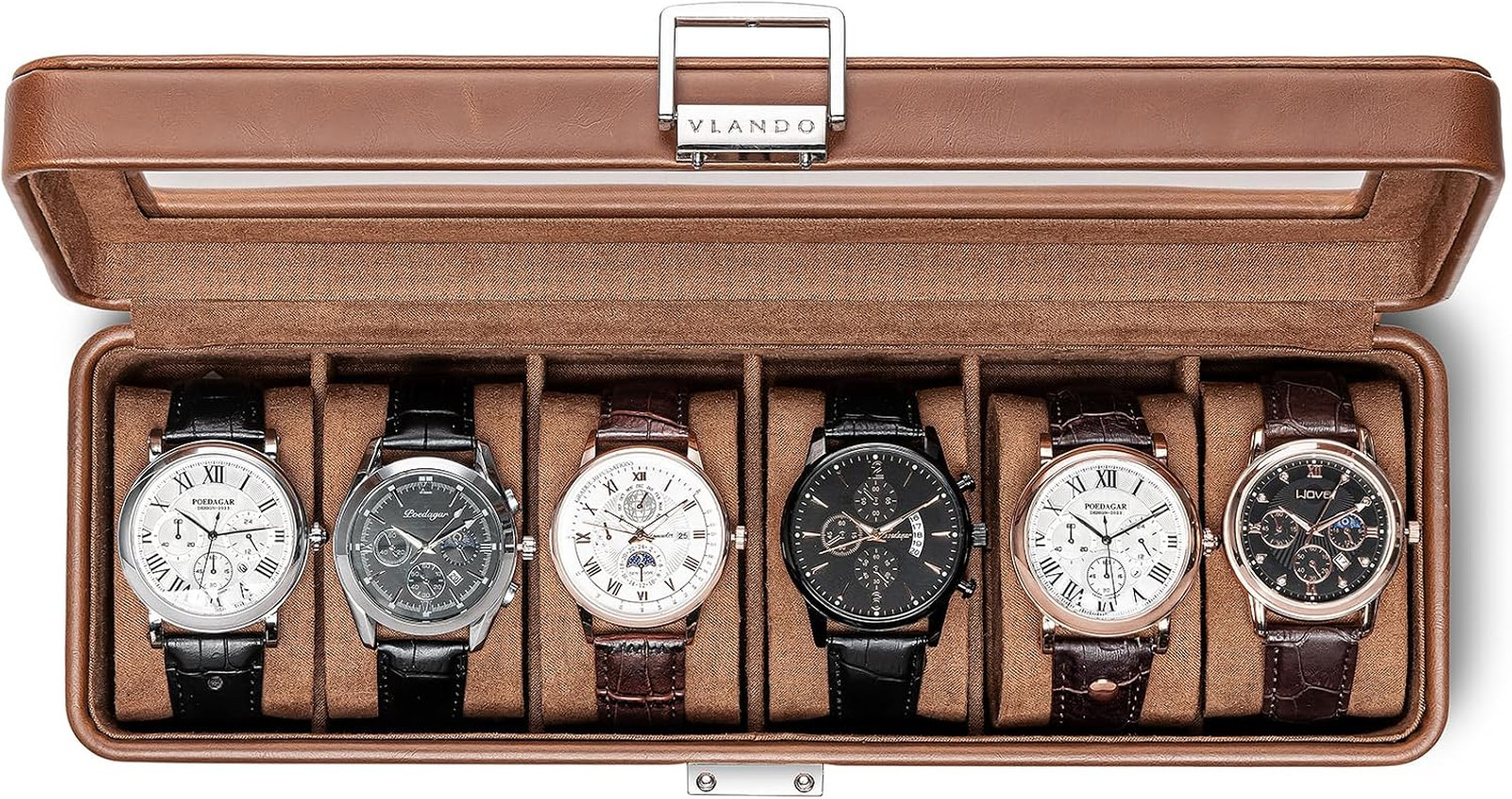 Watch Box for Men, Lockable Brown Leather-Style Organizer with Glass Lid, Six