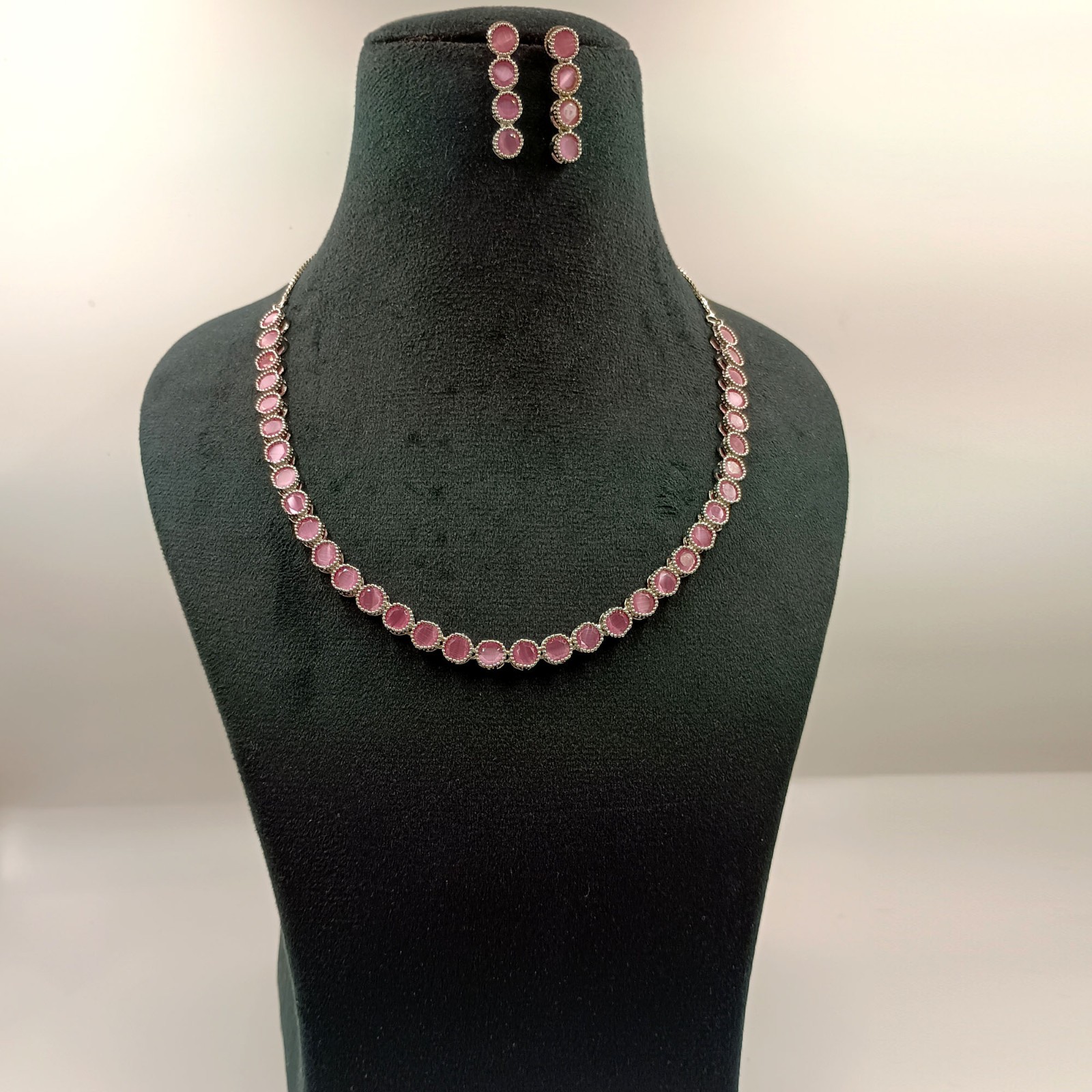 Rose Quartz Round Stone South Indian Necklace Set 22K Gold Plated Ethnic Jewelry