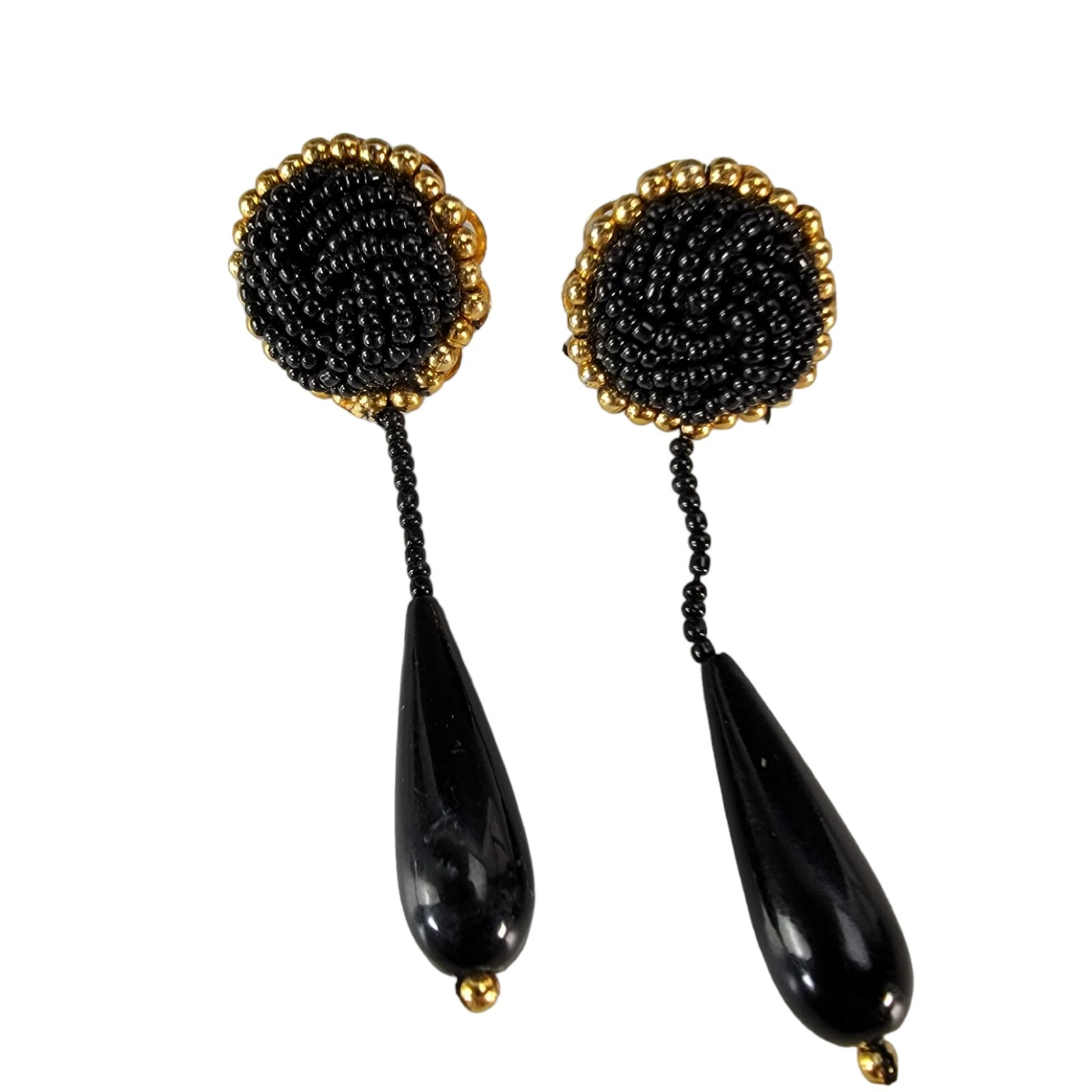 Vtg Gold Black Beads Drop Earrings Pair Teardrop Women Retro Jewelry 1980’s