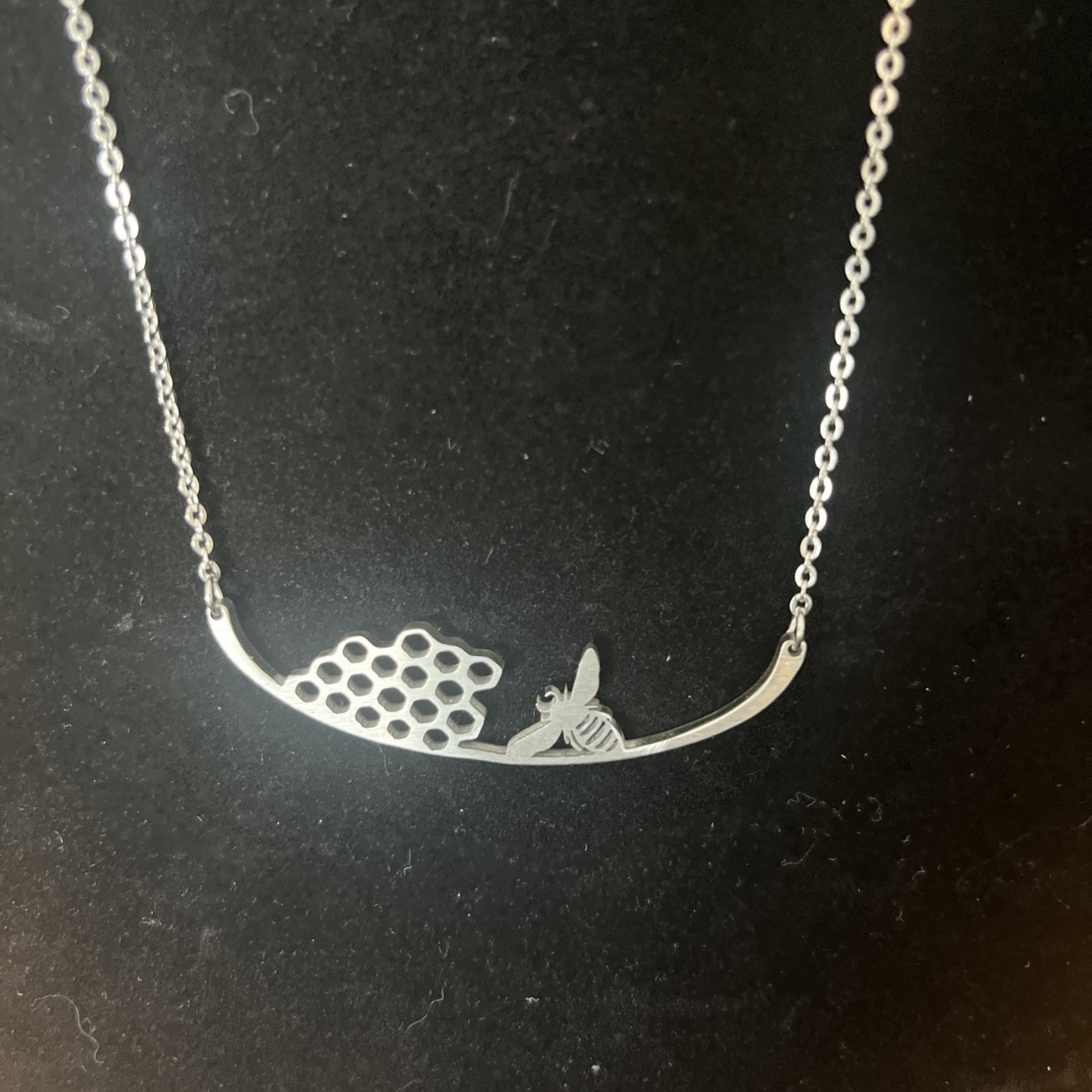 Bumblebee Honeycomb Silver tone Necklace Chain Flying Bee Honey 18” Nature