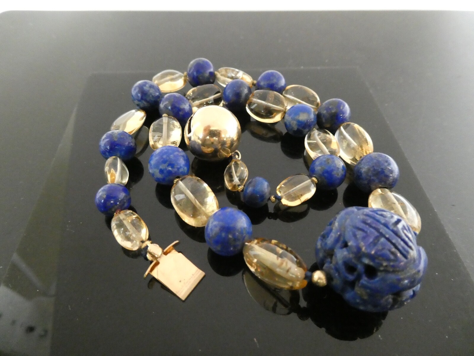 Vintage Lapis Lazuli & Citrine Gemstone Bead Carved Gold Filled Necklace 15.5″