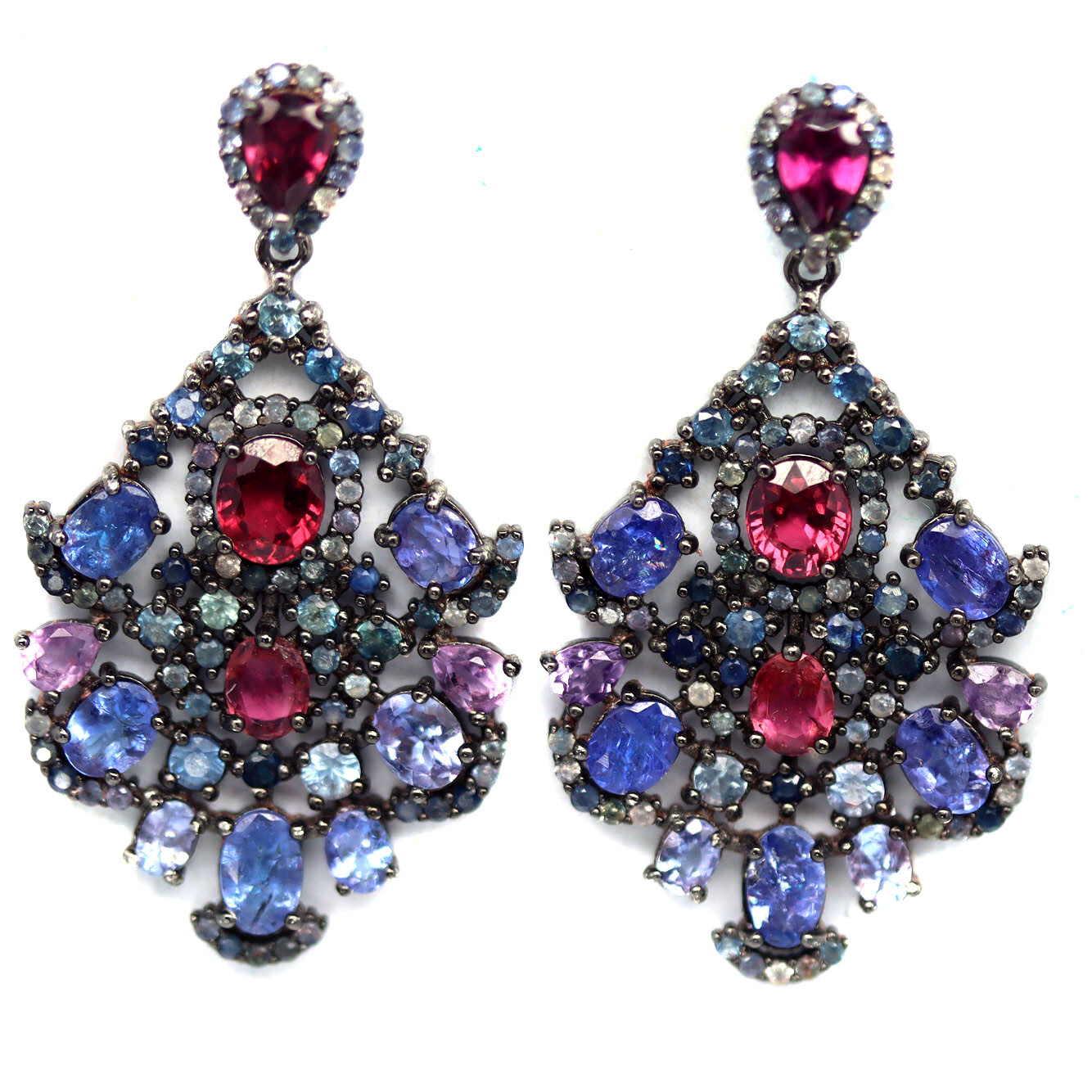 925 Silver Purplish Red Rhodolite Garnet, Tanzanite, Tourmaline,.. Earrings