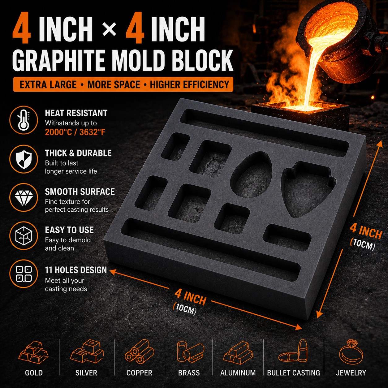 Graphite Casting Mold 4x4in Combo Block Gold Bar Round Coin Scrap Refining Tool
