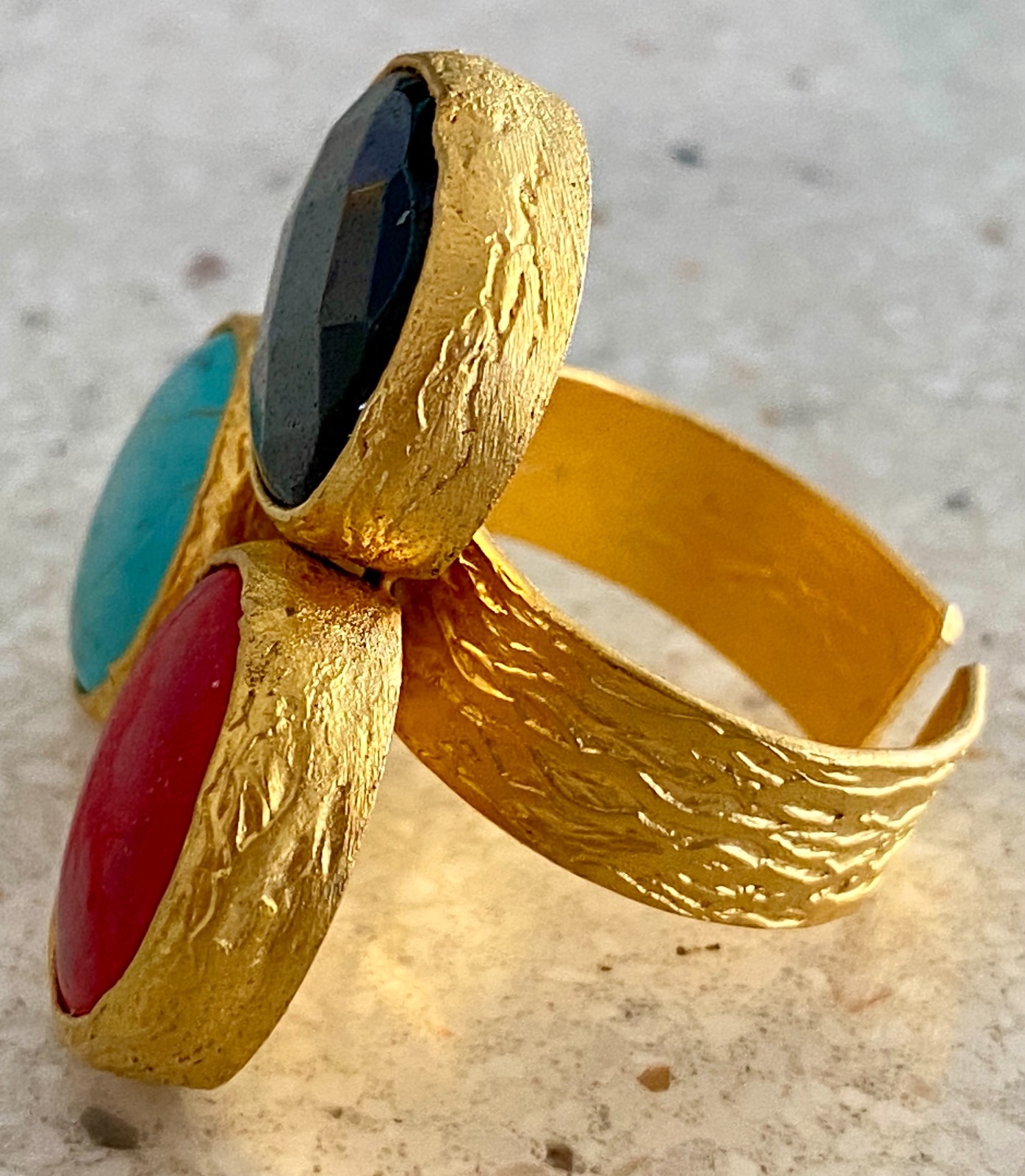 Triple Cluster Statement Ring Textured Gold Tone Adjustable Black Blue Red