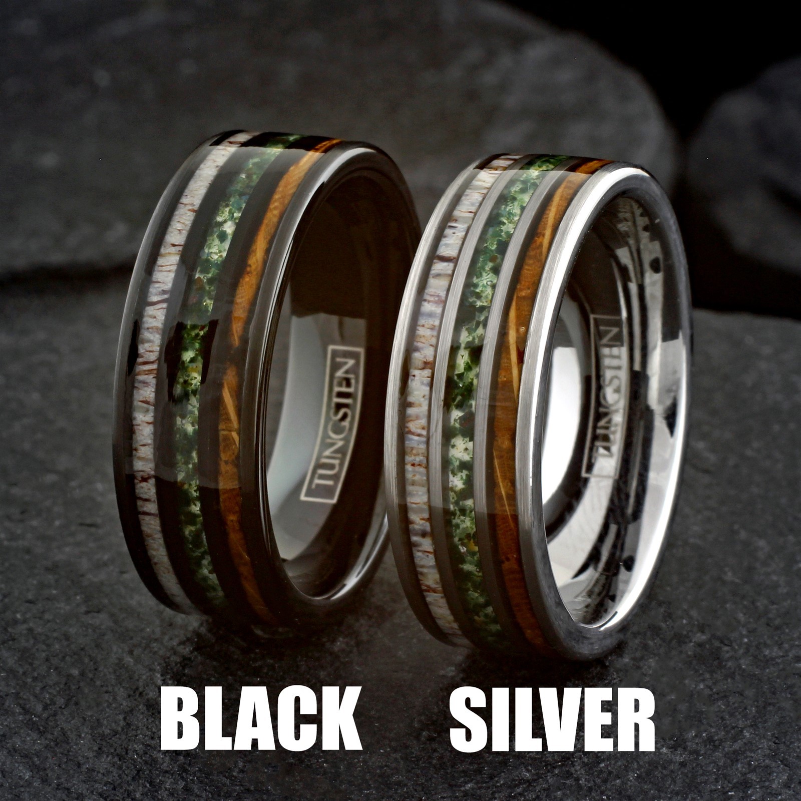 Tungsten Carbide Moss Agate Deer Antler Whiskey Barrel Band Ring