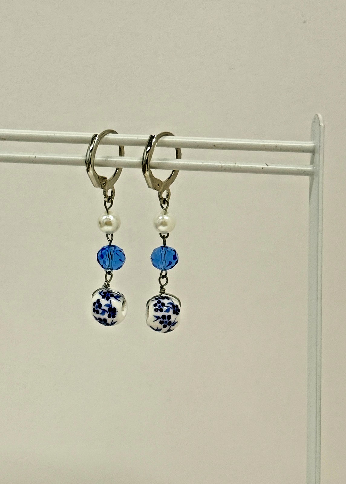 NEW Blue White Ceramic Round Bead & Silver Color Drop Earrings – Handcrafted