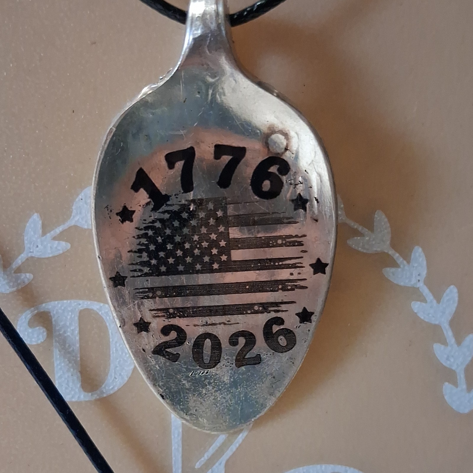 Hand made Silver Metal Engraved Spoon Charm Pendant Necklace, American Flag