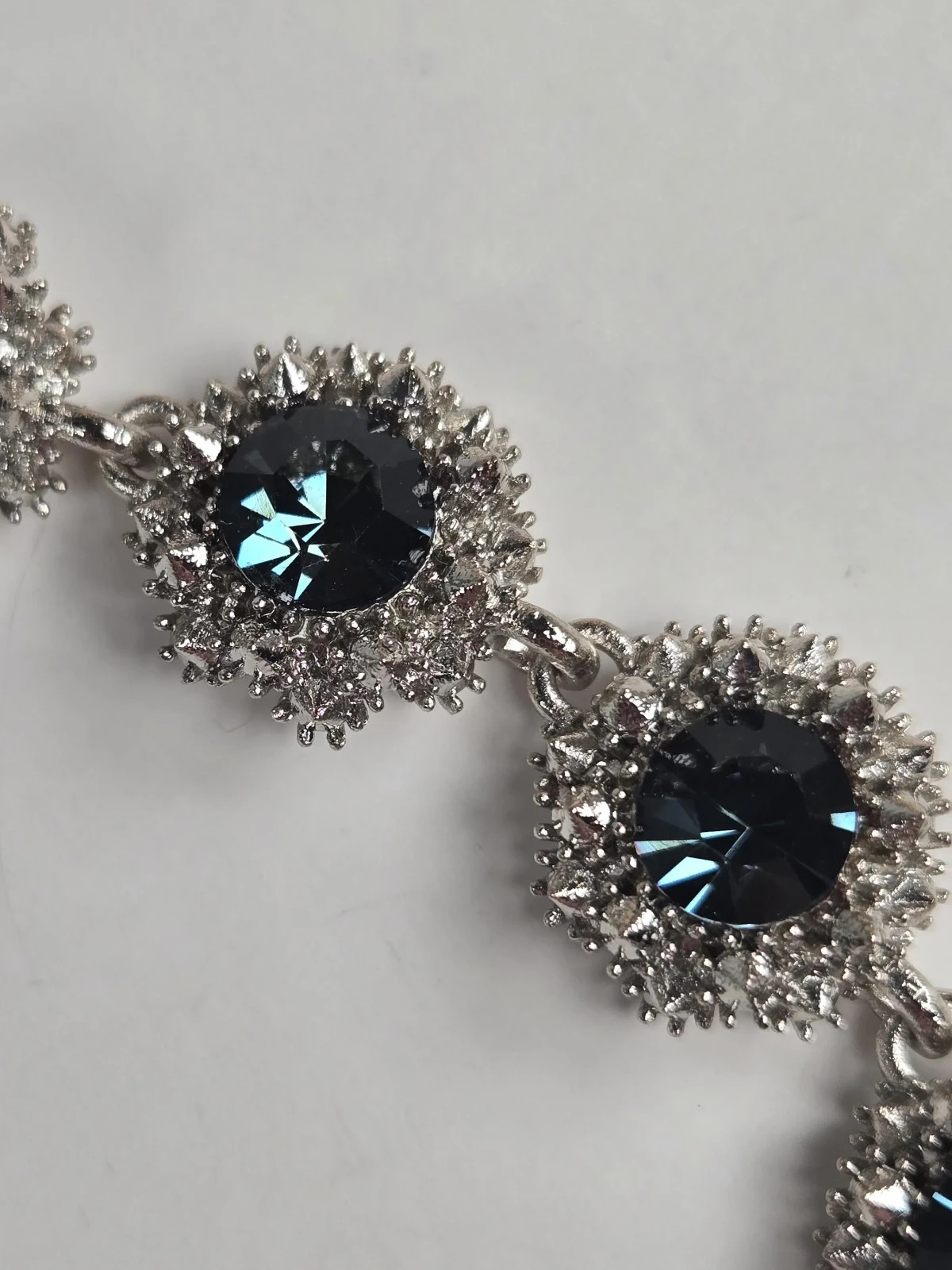 Blue Rhinestone Necklace Victorian Style 16 In Statement Special Occasion Silver