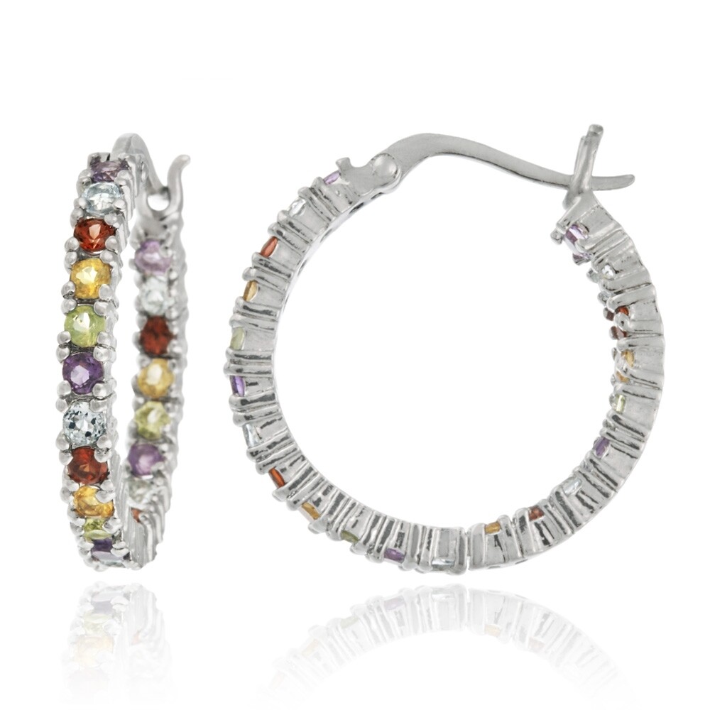 925 Sterling Silver Multi Color Gemstone Hoops Earrings