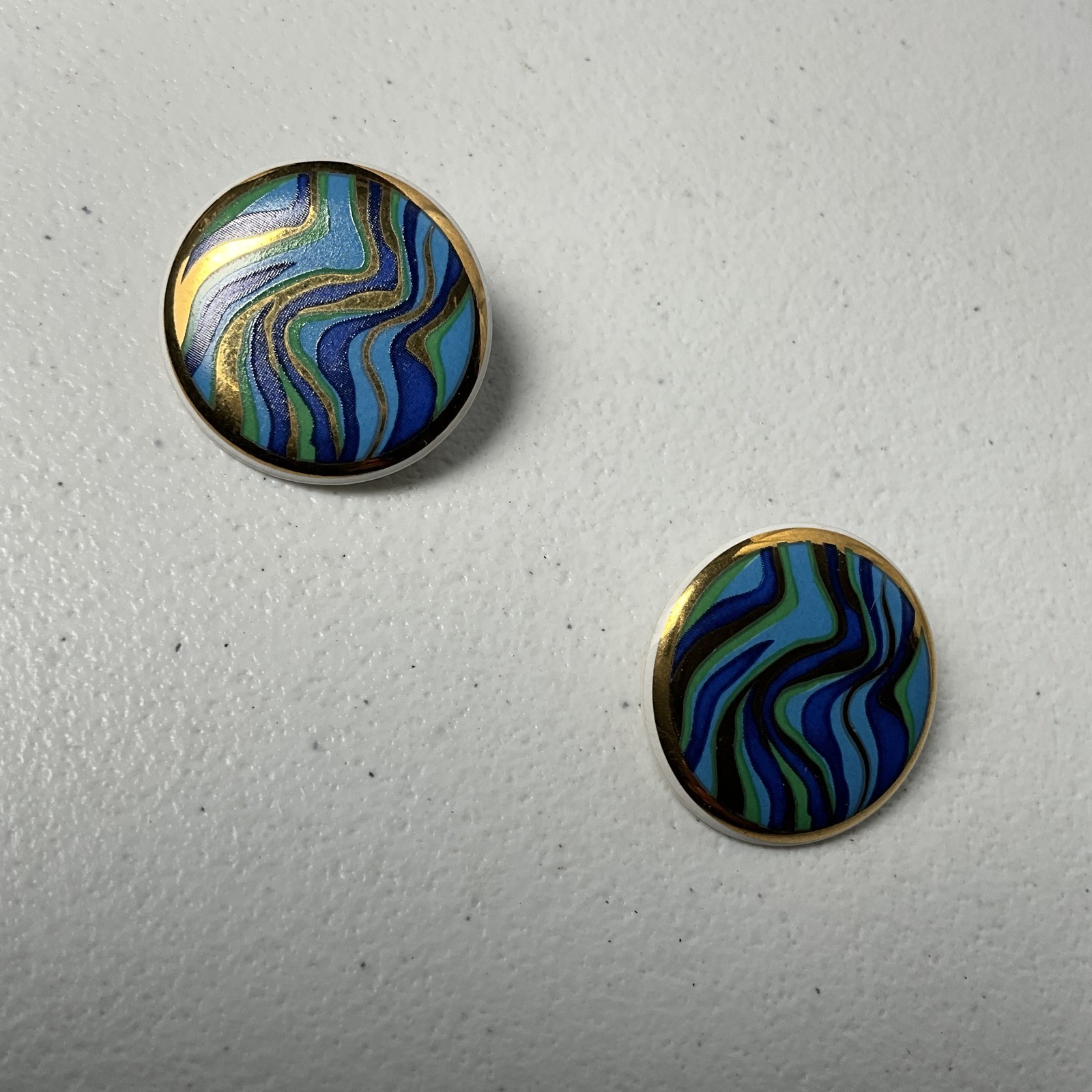Vintage Style Abstract Swirl Enamel Gold Tone Stud Earrings Blue Green Gold