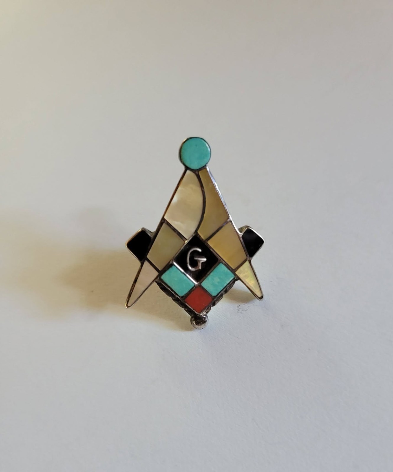 Vintage Zuni Masonic Pin Sterling Silver Multi Inlay Turquoise Native American