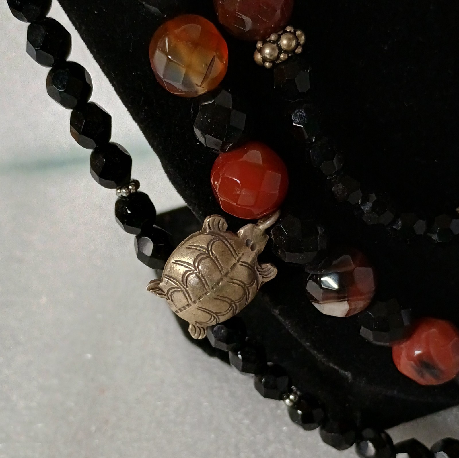 Multi-Strand Layered Black Red Beaded Necklace w/ Round Agate Turtle Charms .925
