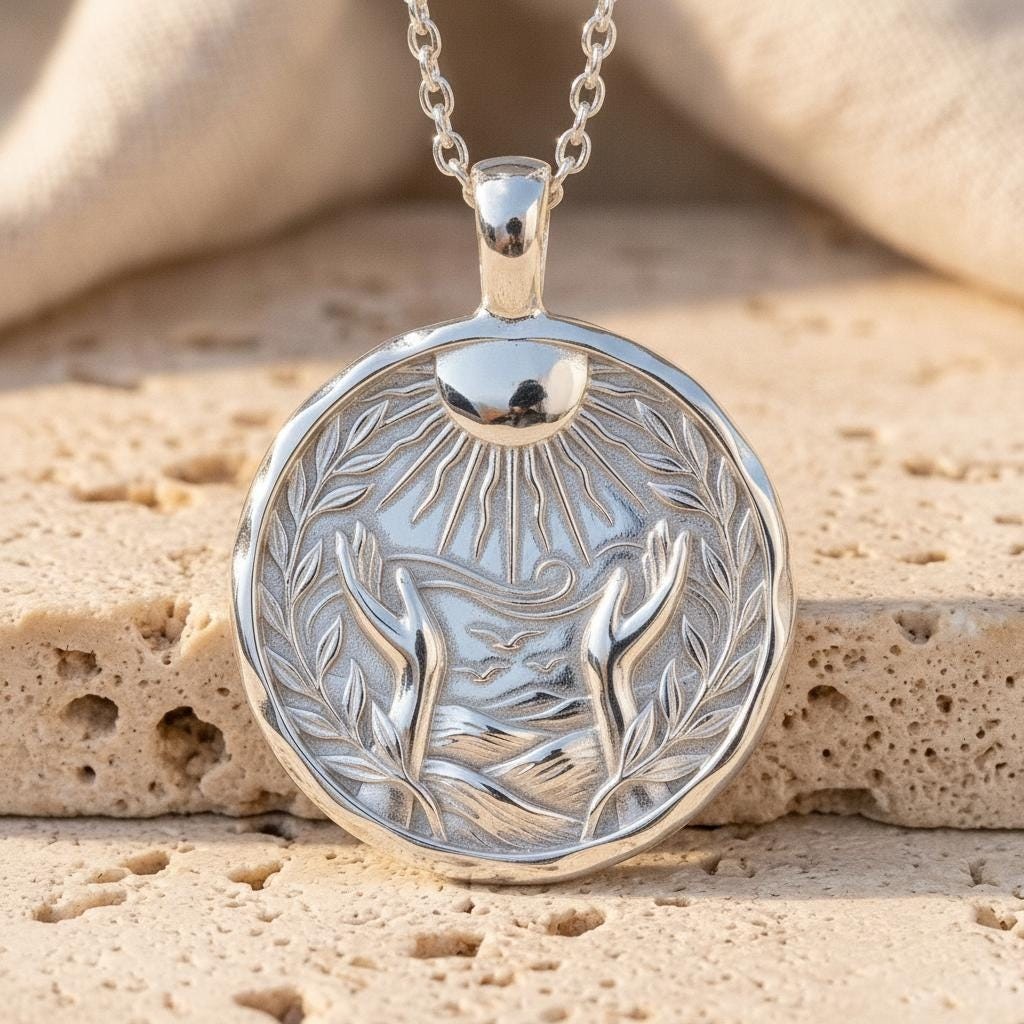 Artemis Silver Reaching Hands Sun Pendant Oxidized Bohemian Medallion Handmade