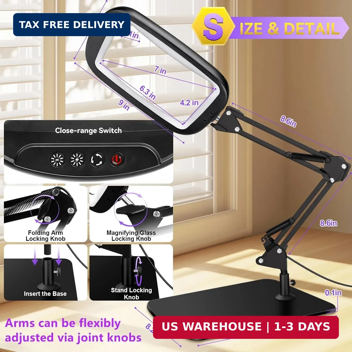 10X 30X Extra Large Magnifying Glass with Light and Stand 7-inch | 5 Color Modes