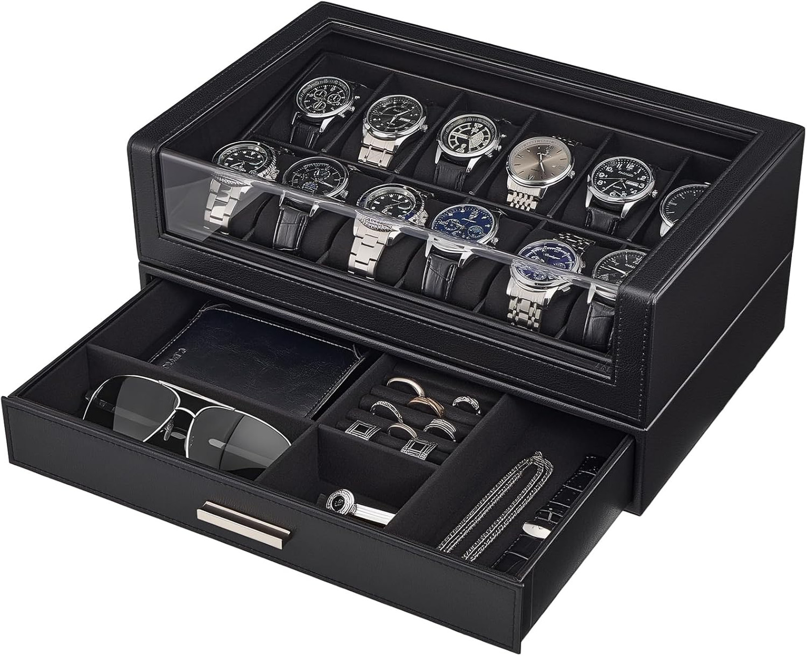 Watch Box for Men Women, 12 Watch Slots, Acrylic Top, PU Leather Large Capacity