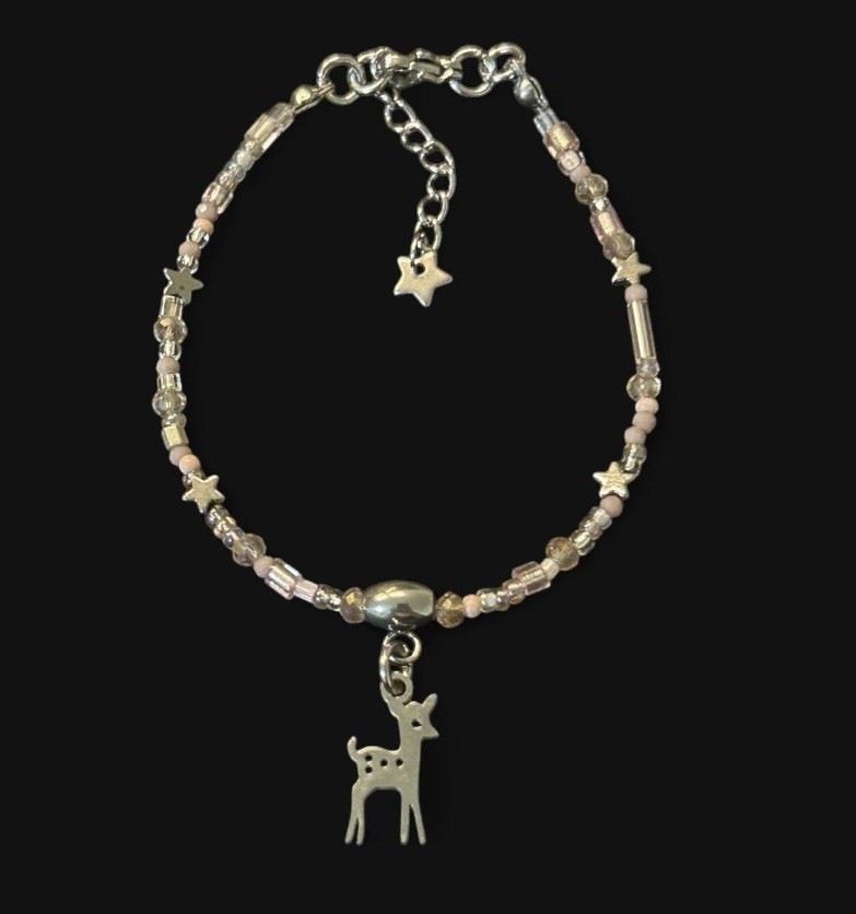 handcrafted stainless steel/pink+white beaded deer bracelet (18cm length)