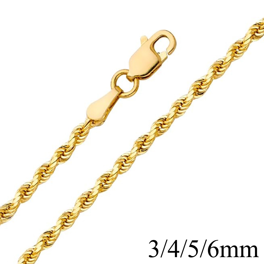 14K Real Solid Yellow Gold 1.5mm-3mm Rope Chain Necklace with Lobster Claw Clasp