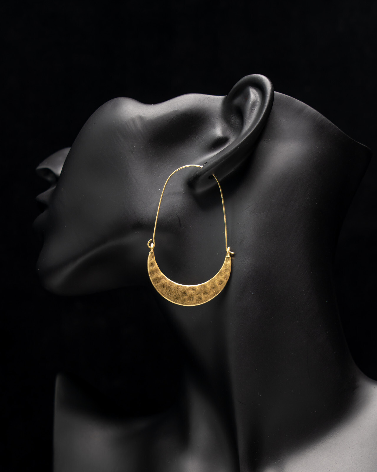 Crescent Moon Hammered Drop Hoop Wire Boho Metal Earrings in Gold