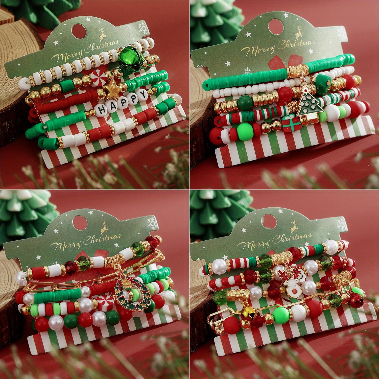 4 Sets Stackable Stretch Christmas Beaded Bracelets Holiday Party Gifts