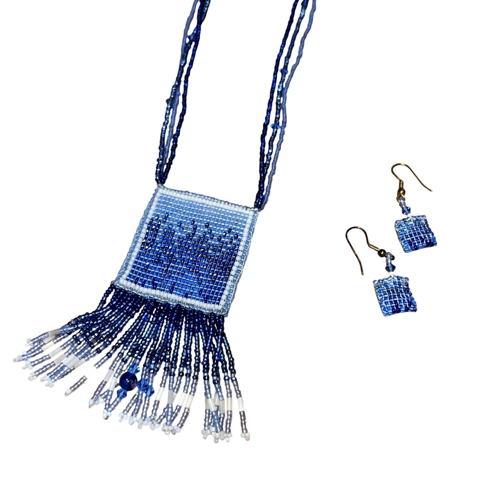 American Vintage Hand Beaded Necklace and Earrings Set Blue Ombre