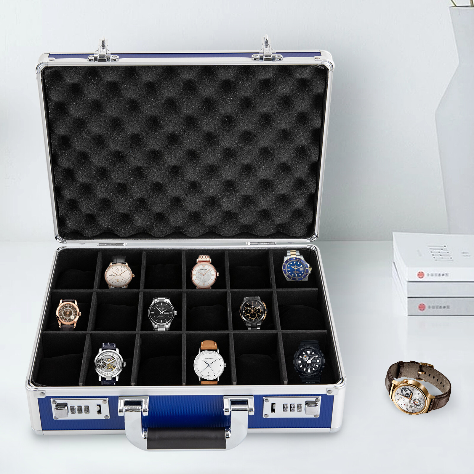 Blue 18-Slot Locking Watch Storage Case – Aluminum Alloy & ABS Briefcase
