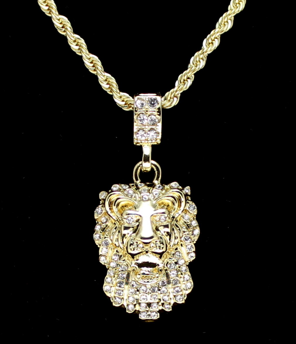 Lion Head Pendant 14k Gold Plated Cz w/ 24″ Rope Chain Hip Hop Necklace