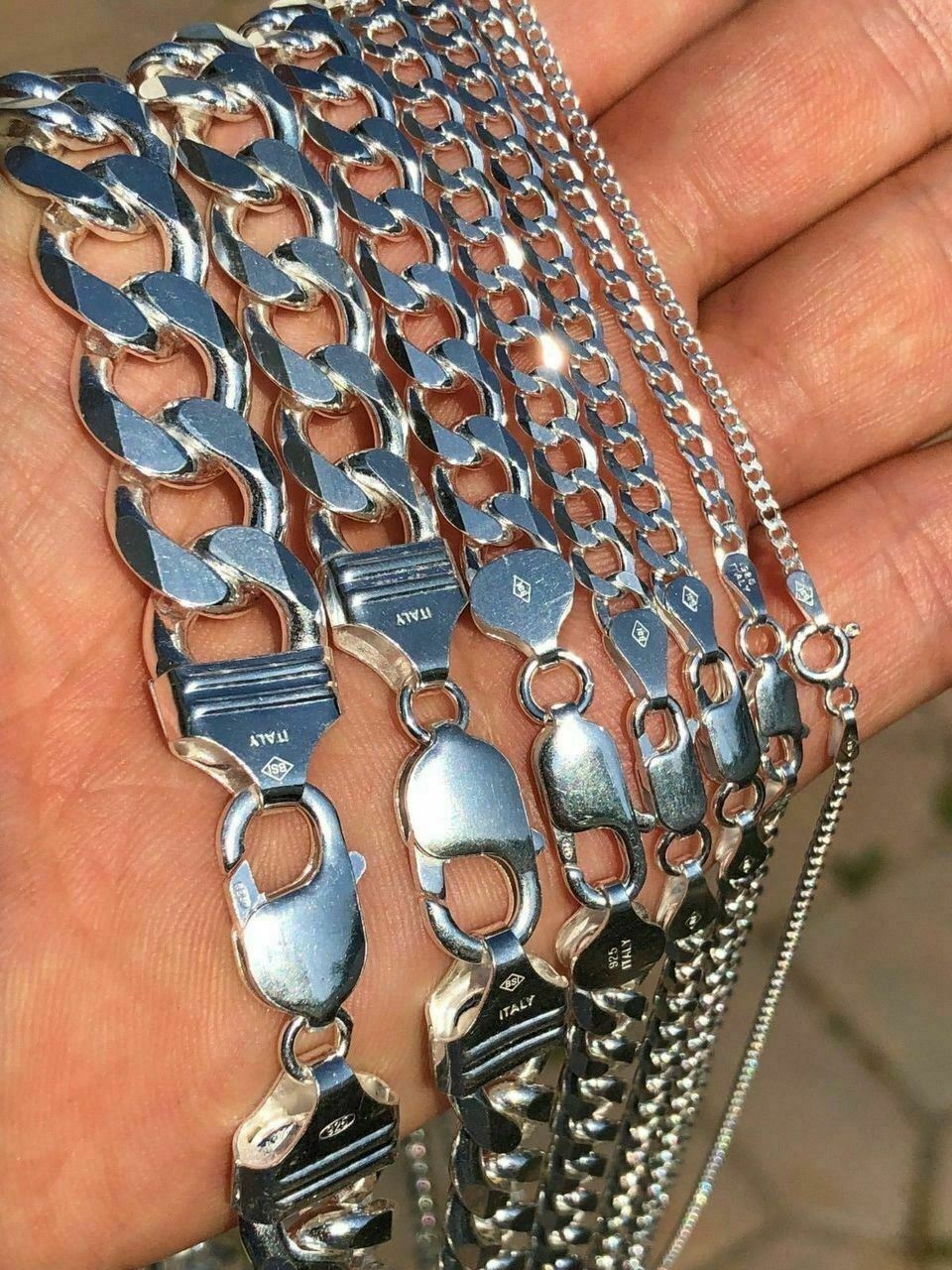 Real Solid 925 Sterling Silver Cuban Chain Men’s Women’s 2-16mm Italy Necklace