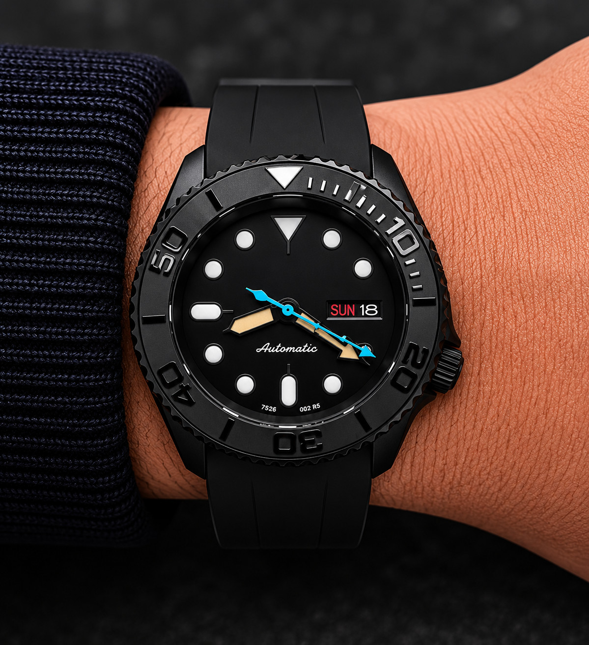 Custom Built – Stealth Black NH36 Automatic Day Date 40mm Rubber Watch