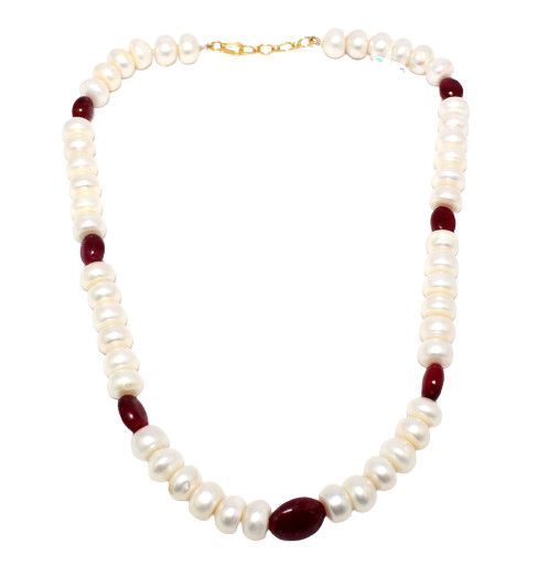 Designer Necklace Strand Ruby Manik Bead Gem Stone & Freshwater Pearl E977