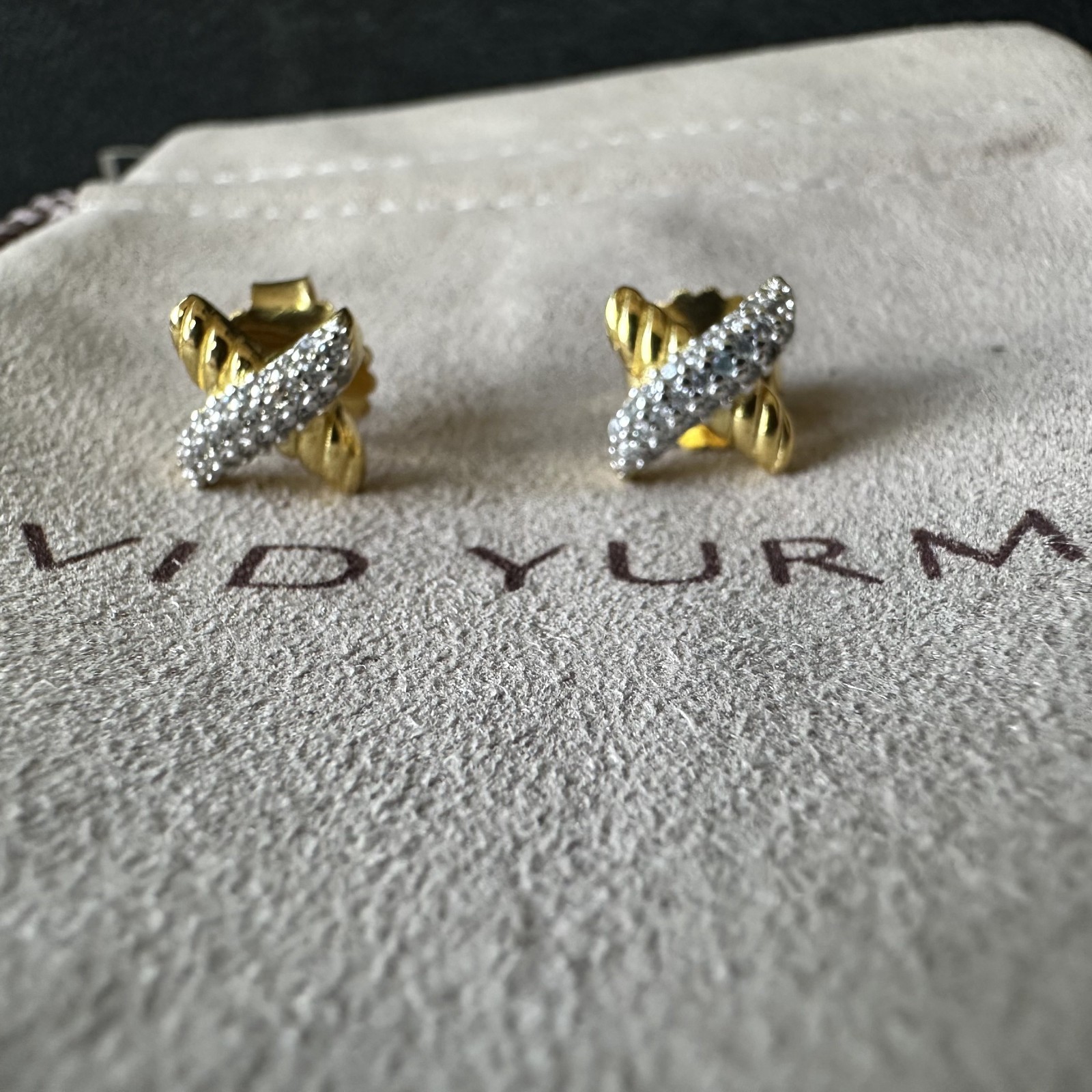 David Yurman Two Tone Cable Crossover Studs 925 Silver 18K Gold Diamond Earrings