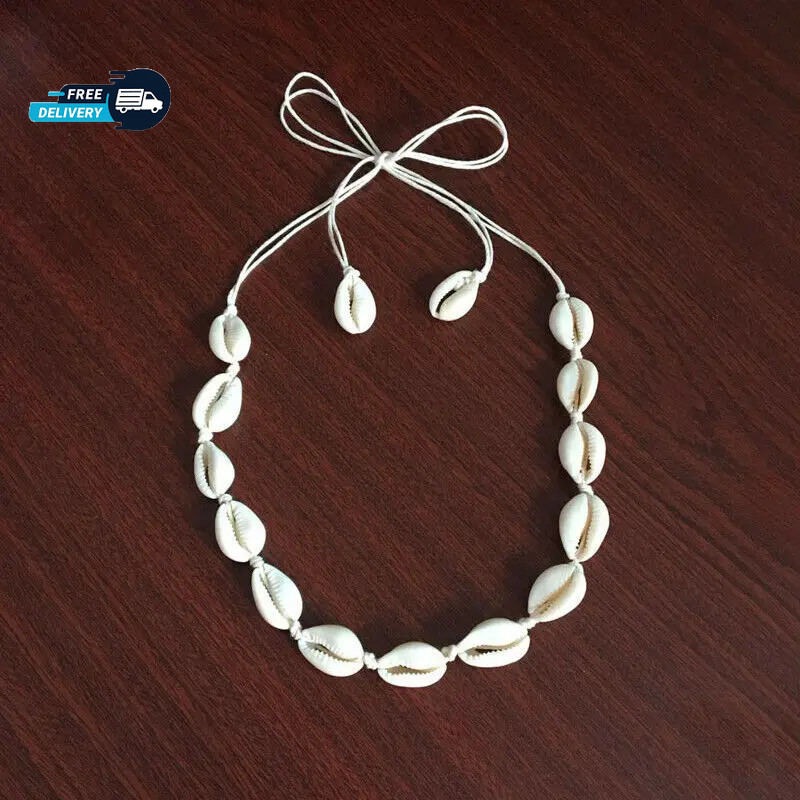 Cowrie Shell Choker Boho White String Necklace Surfer Beach Conch Puka, Hawaiian