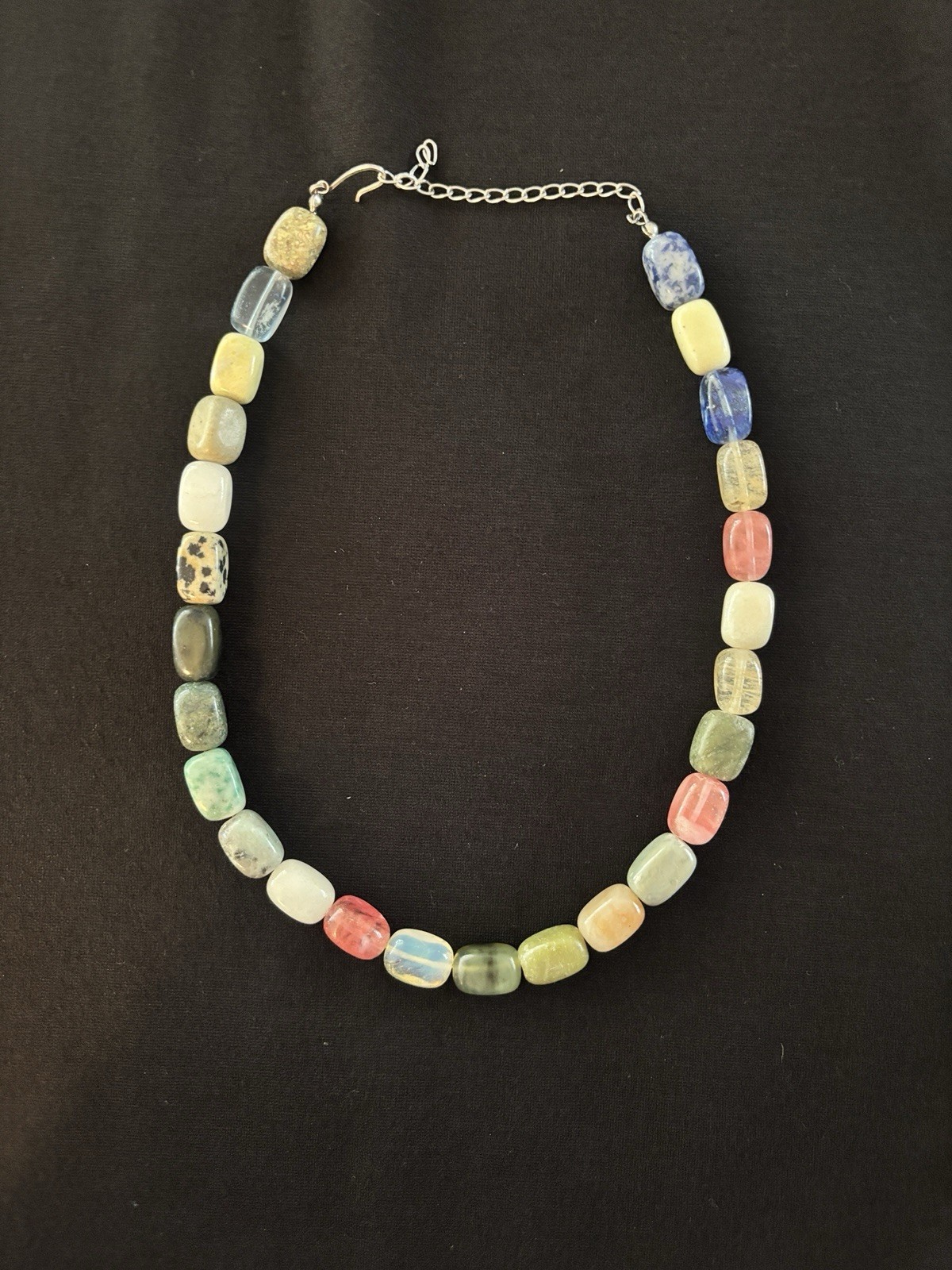 Multicolor Polished Stone Glass Beaded Necklace 19” Silver Tone Adjustable Boho