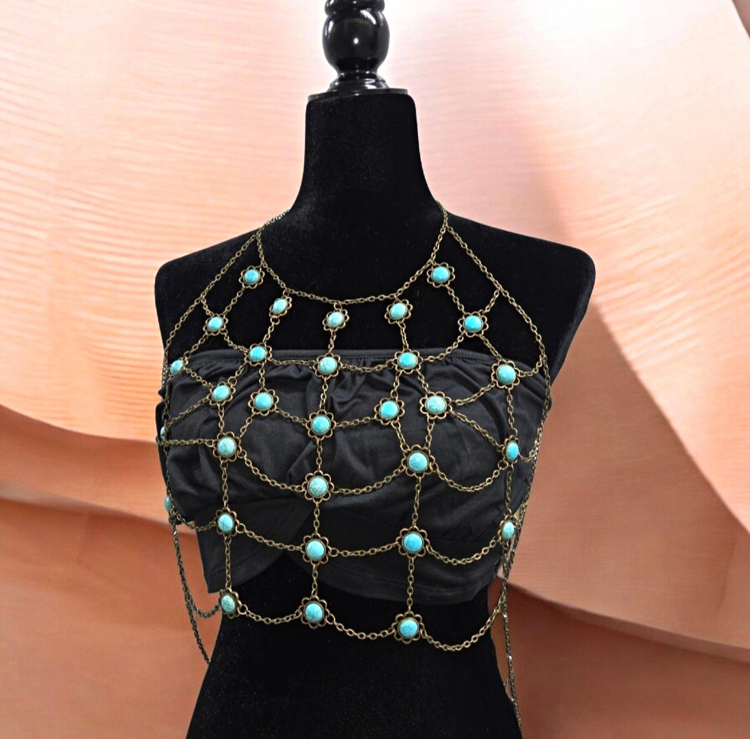 Women’s Gold Tone Blue Crystal Beaded Body Chain Chest & Waist Adjustable