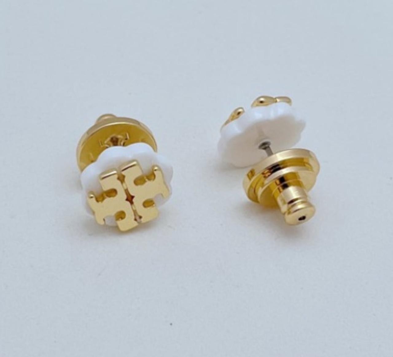 New Tory Gold White Stud earrings with Jewelry Pouch