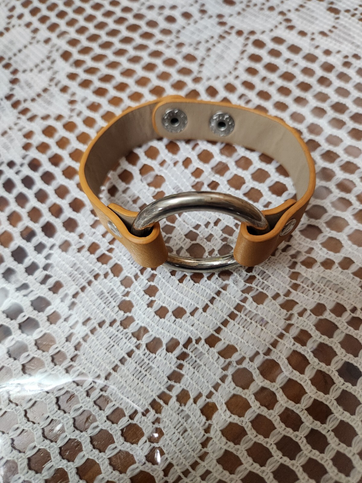 Vintage O-Ring Faux Yellow Leather Cuff Bracelet. Snaps