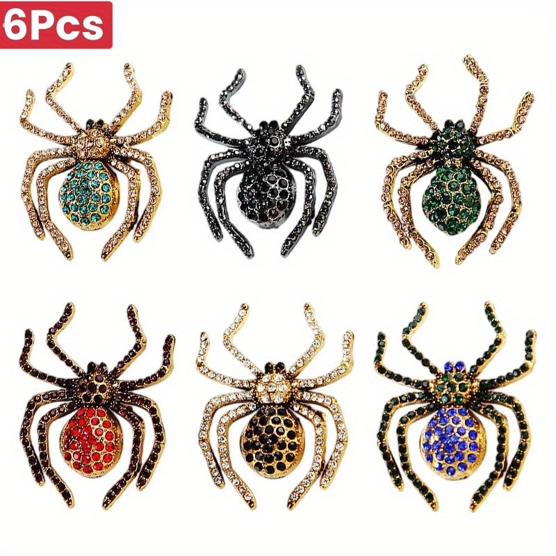 6Pcs Rhinestone Spider Brooches Crystal Halloween Spider Pins Clothing Bag Decor