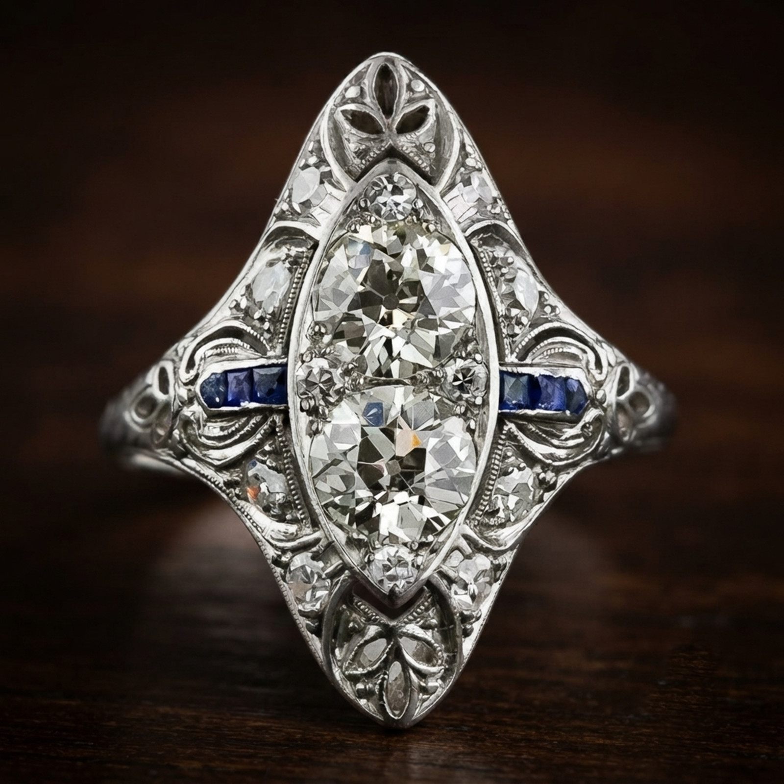 14K Gold Art Deco Round Cut Lab Created Diamond Filigree Toi Et Moi Navette Ring