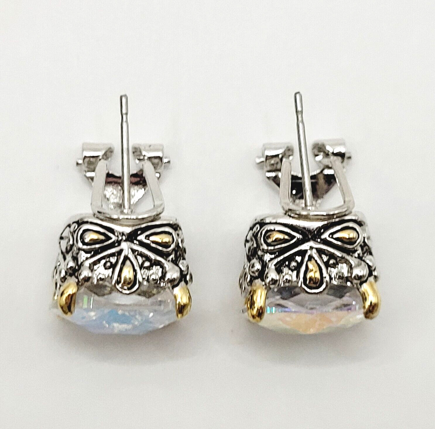 Modern Rainbow AB Crystal Square Stud Two Tone Ornate Frame Pierced Earrings