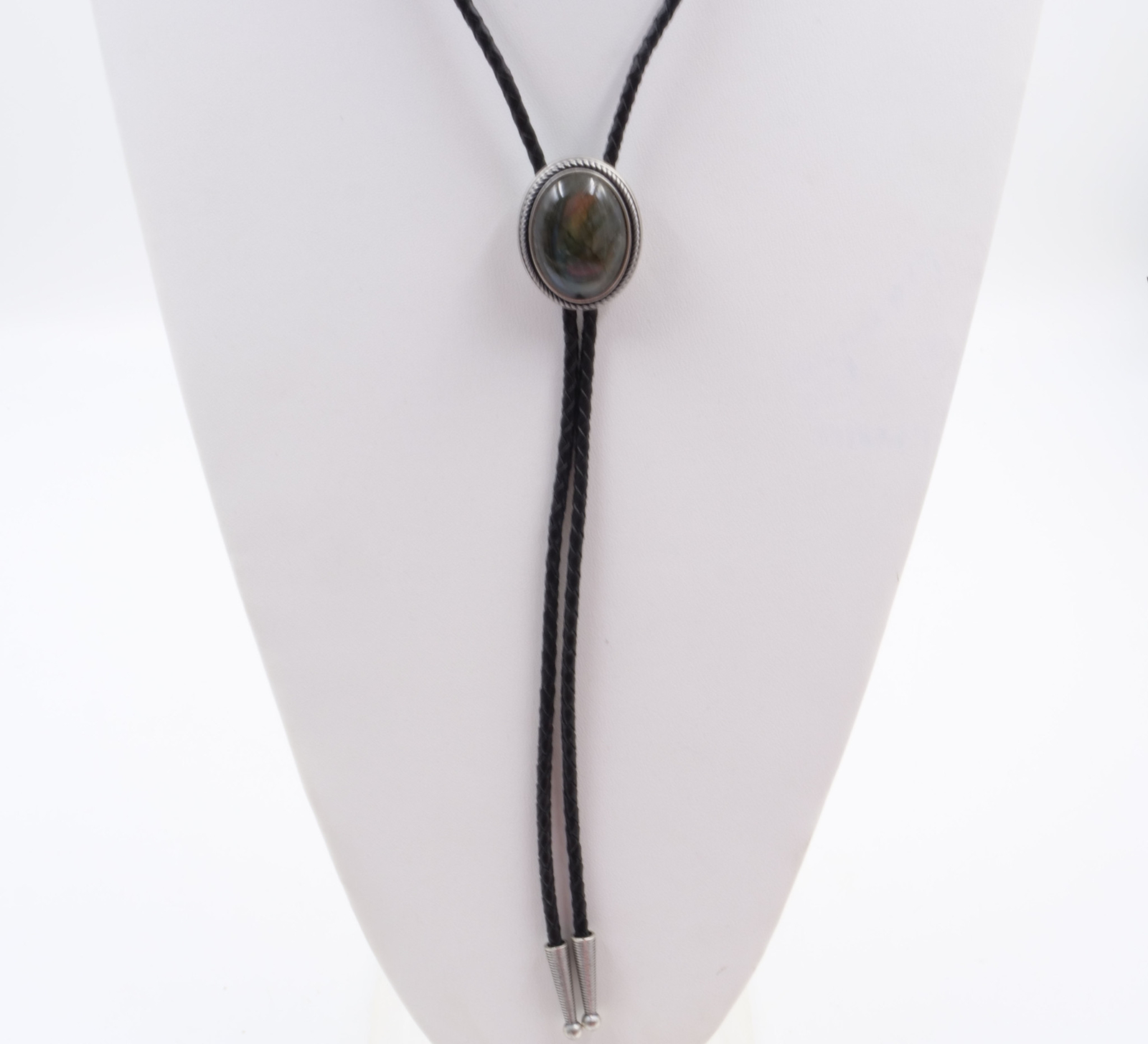 Hand Made Nature Labradorite Stone Western Cowboy Leather Bolo Neck Tie