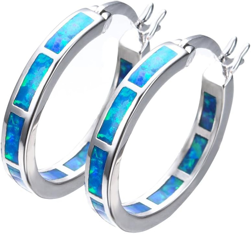 925 Sterling Silver Hoop Earring, Opal Small Small, Blue and Sliver