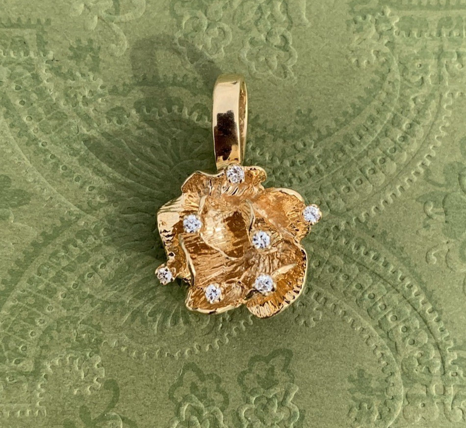 14K Yellow Gold Rose Flower Diamond Pendant Charm – 7.7 Grams