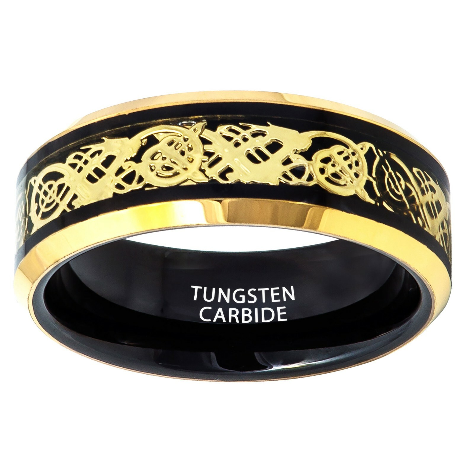 Tungsten Ring Two Tone Black Ion Plated w/ Celtic Cut-out Inlay 8mm Wedding