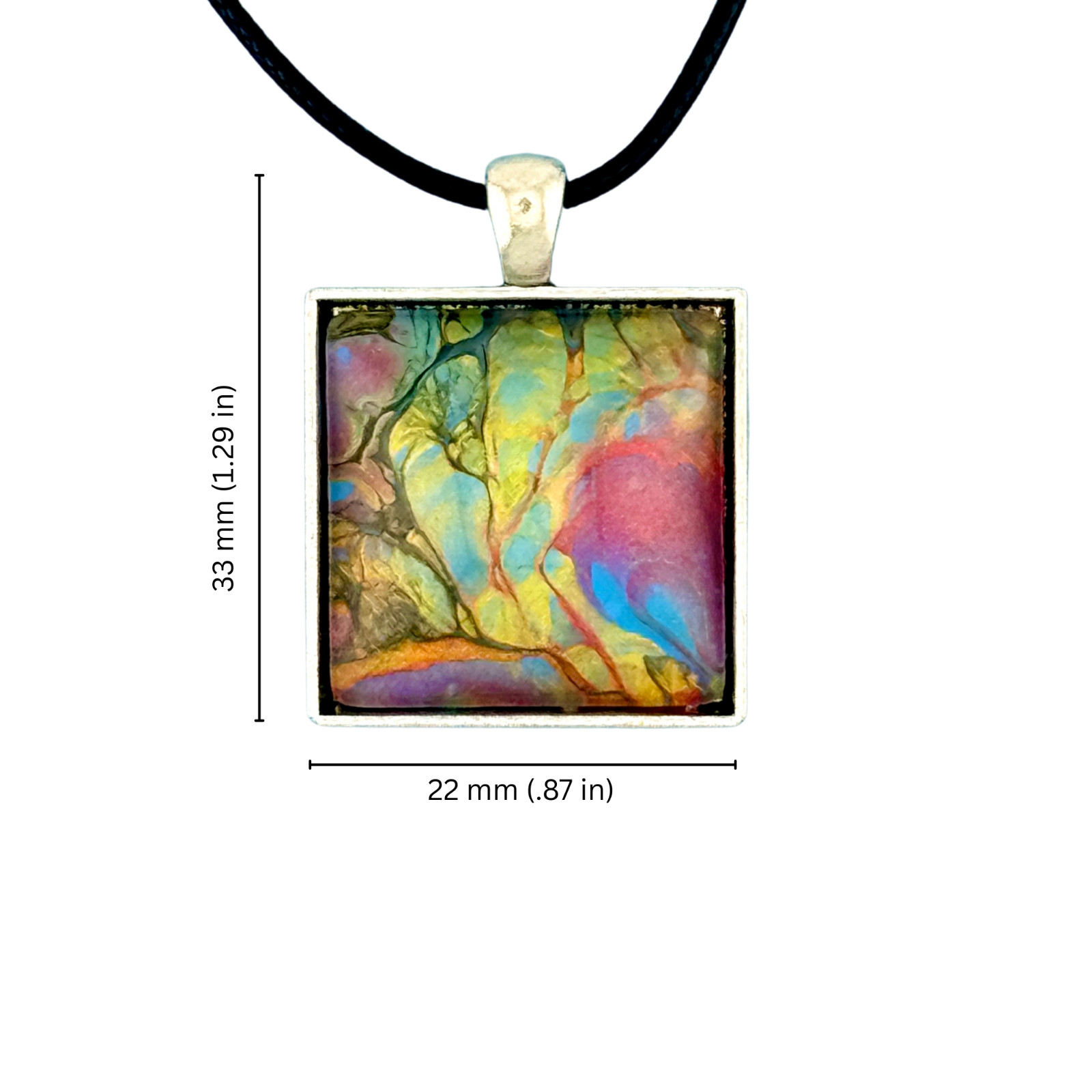 Pendant Square Necklace Handcrafted “Abstract Art” Silver Bezel Black Cord