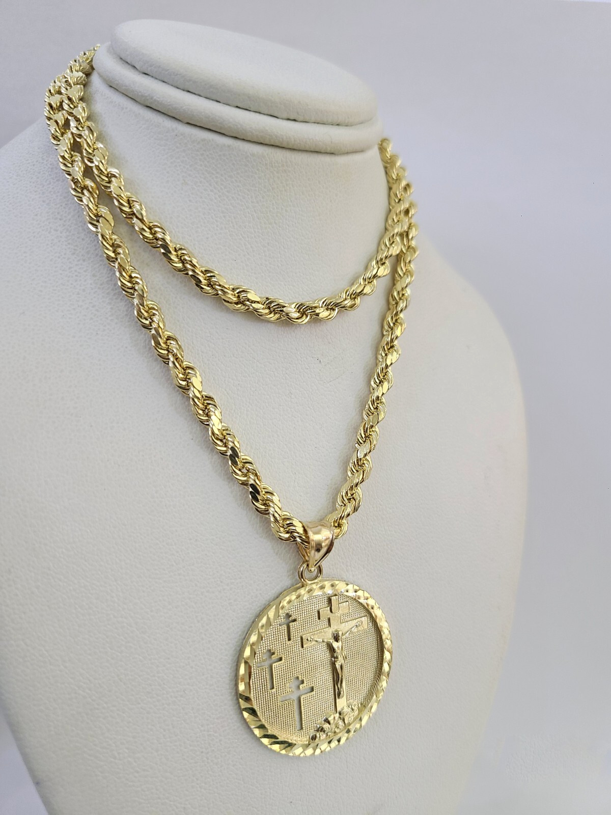 REAL 10k Jesus Medallion Cross Charm Rope Chain Pendant 4mm Necklace Set 18″-28″