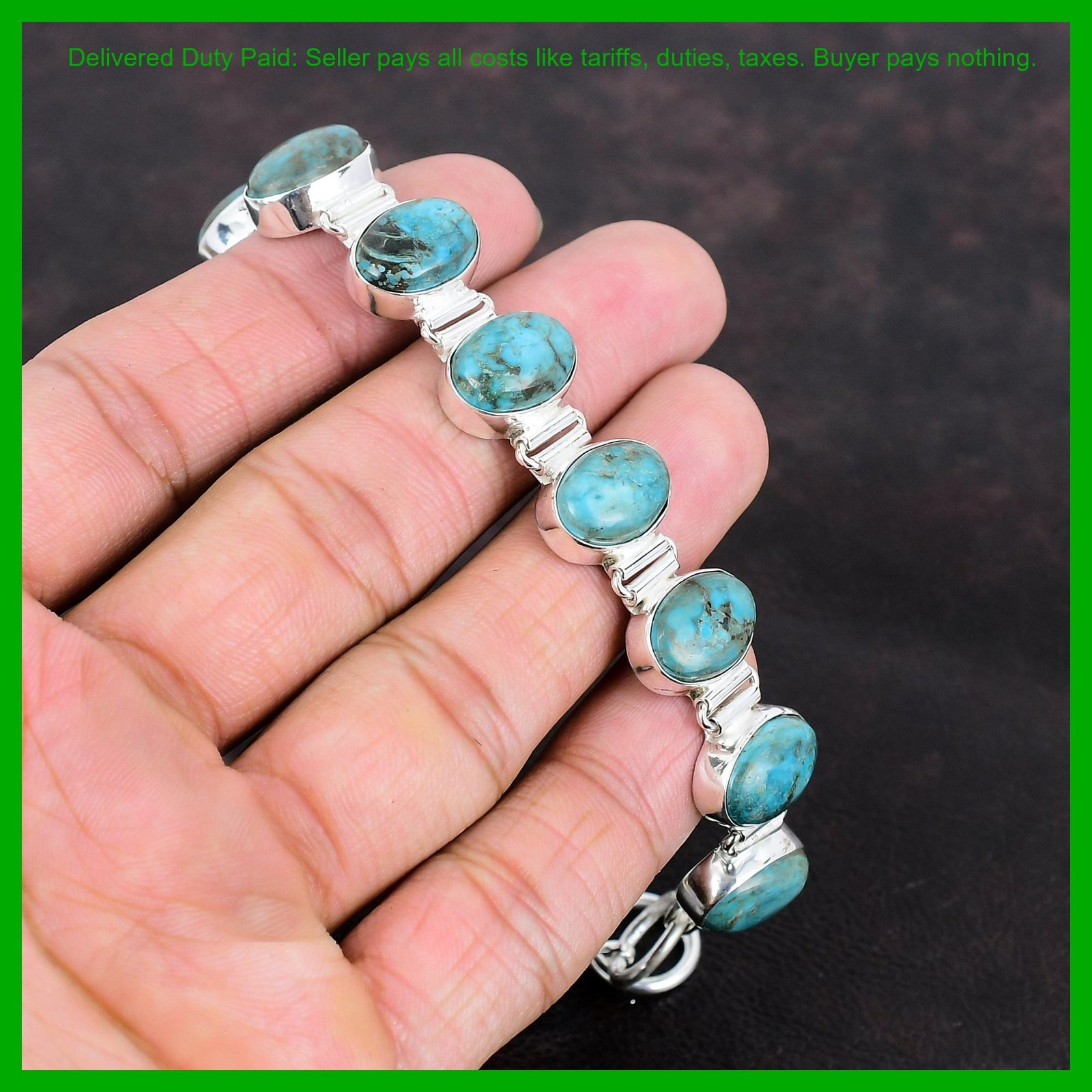 Sterling Silver Oval Tibetan Turquoise Stone Artisan New Chain Bracelet Jewelry