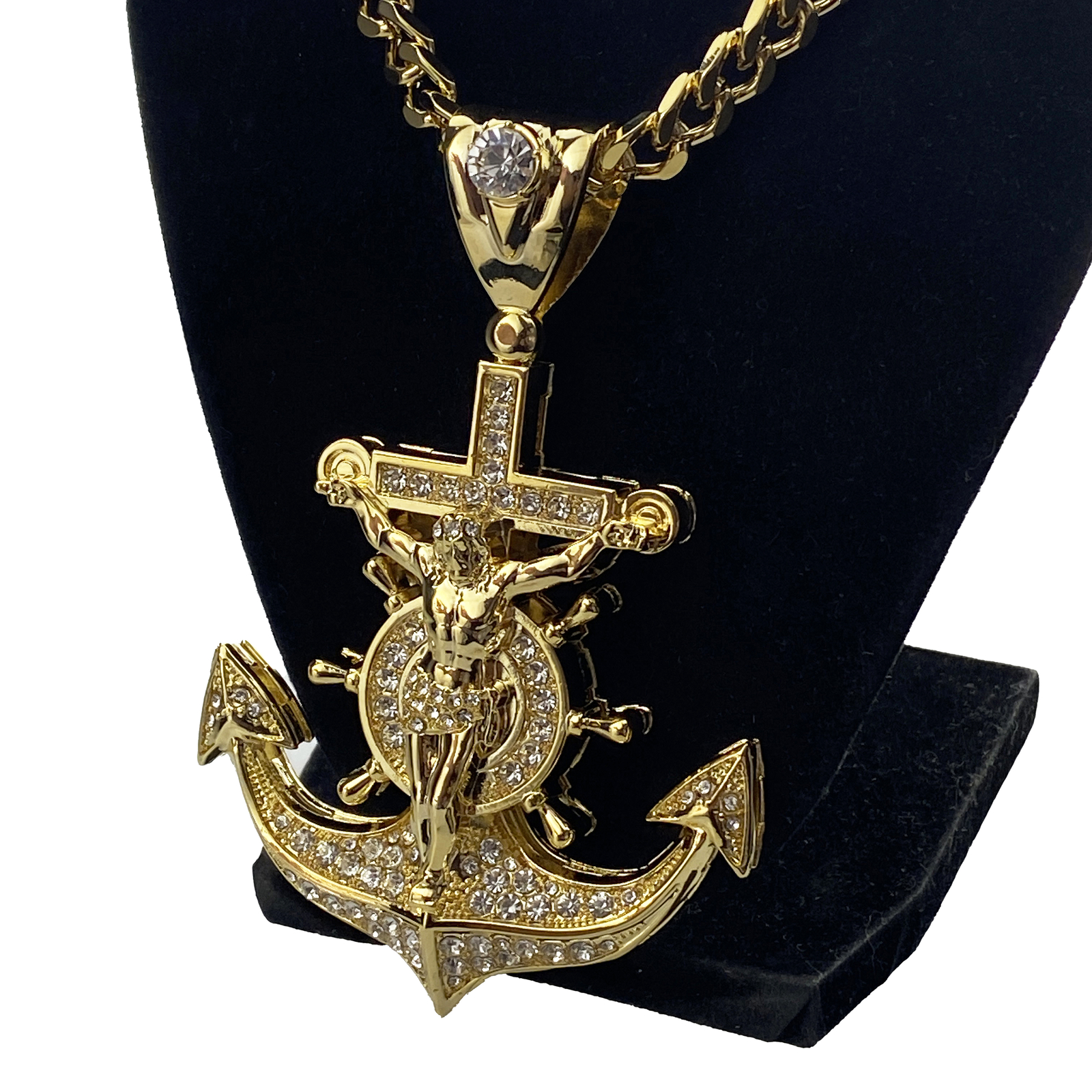 18K Gold Plated Huge Mariners Cross Anchor Jesus Chain 30″ Simulated CZ 30″